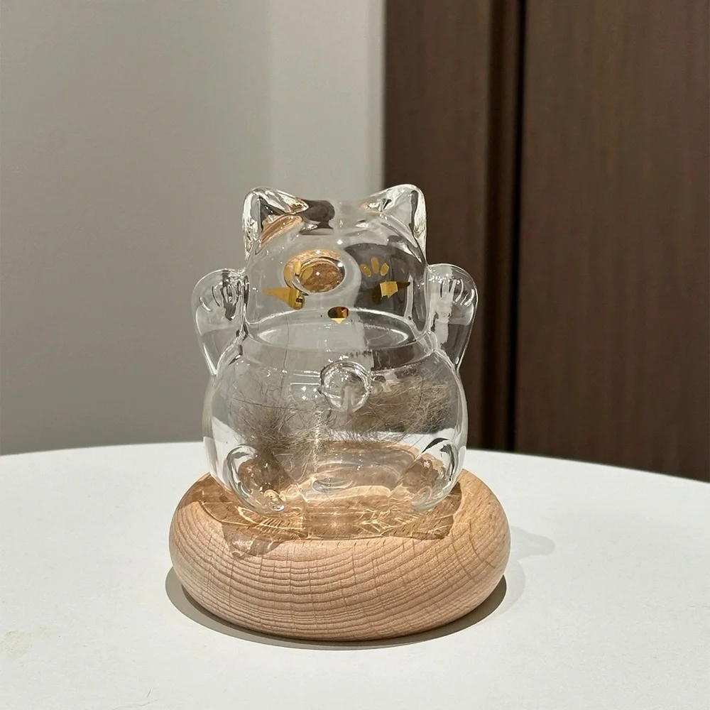 Glass Memorial Jar Cat Keepsake for Fur, Stones with Wooden Base for Home Decor